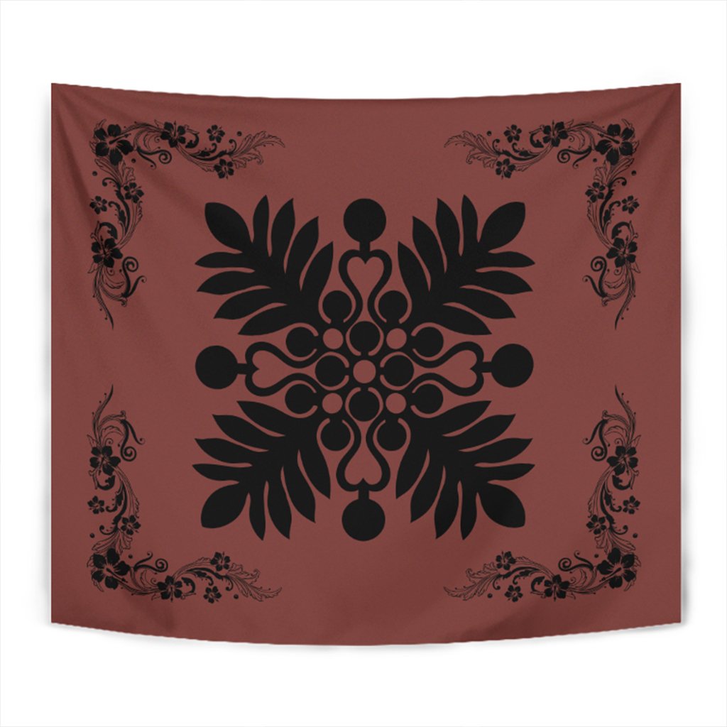 Hawaiian Quilt Maui Plant And Hibiscus Tappestry - Black Coral - AH Wall Tapestry Black - Polynesian Pride