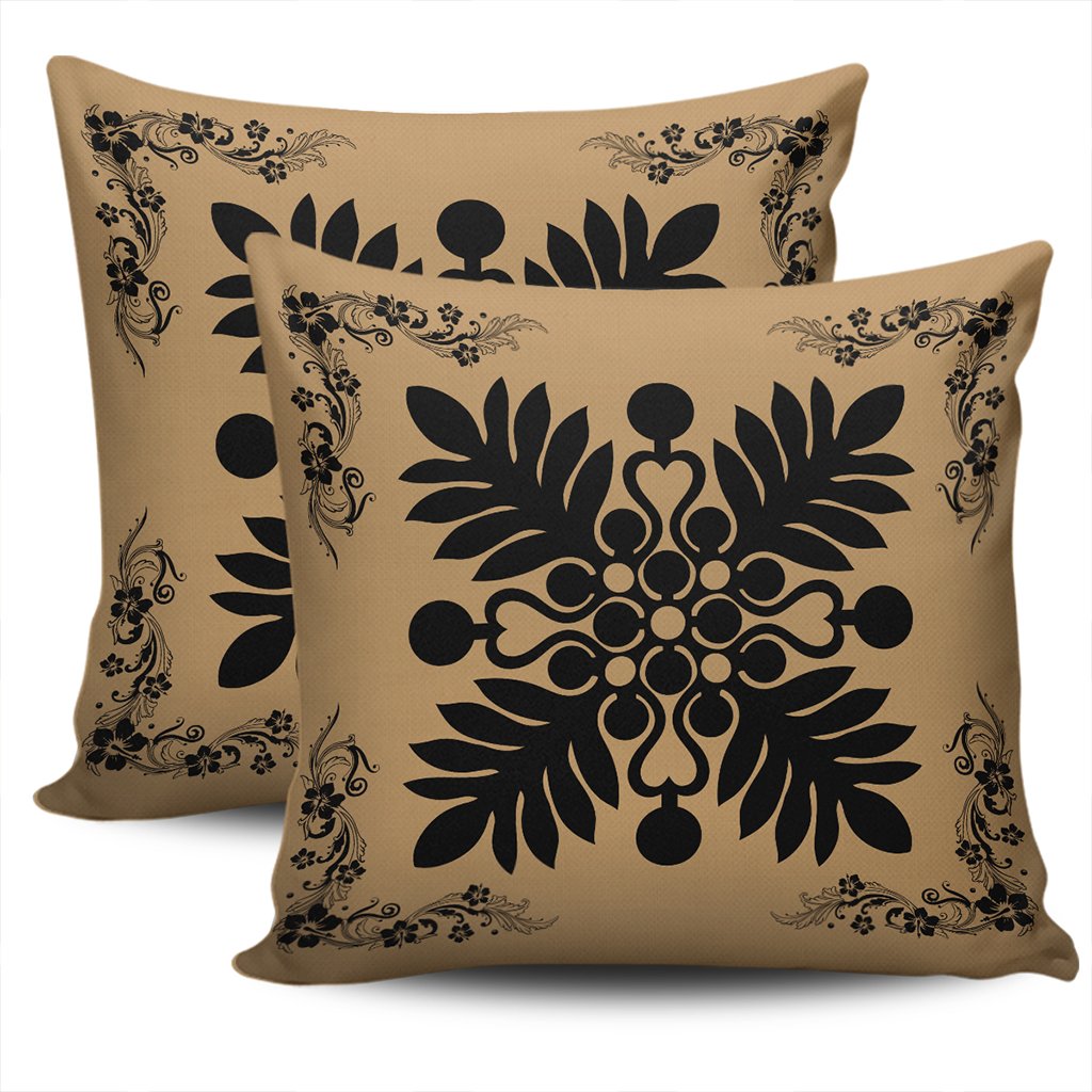 Hawaiian Quilt Maui Plant And Hibiscus Pattern Pillow Covers - Black Gold - AH - Polynesian Pride