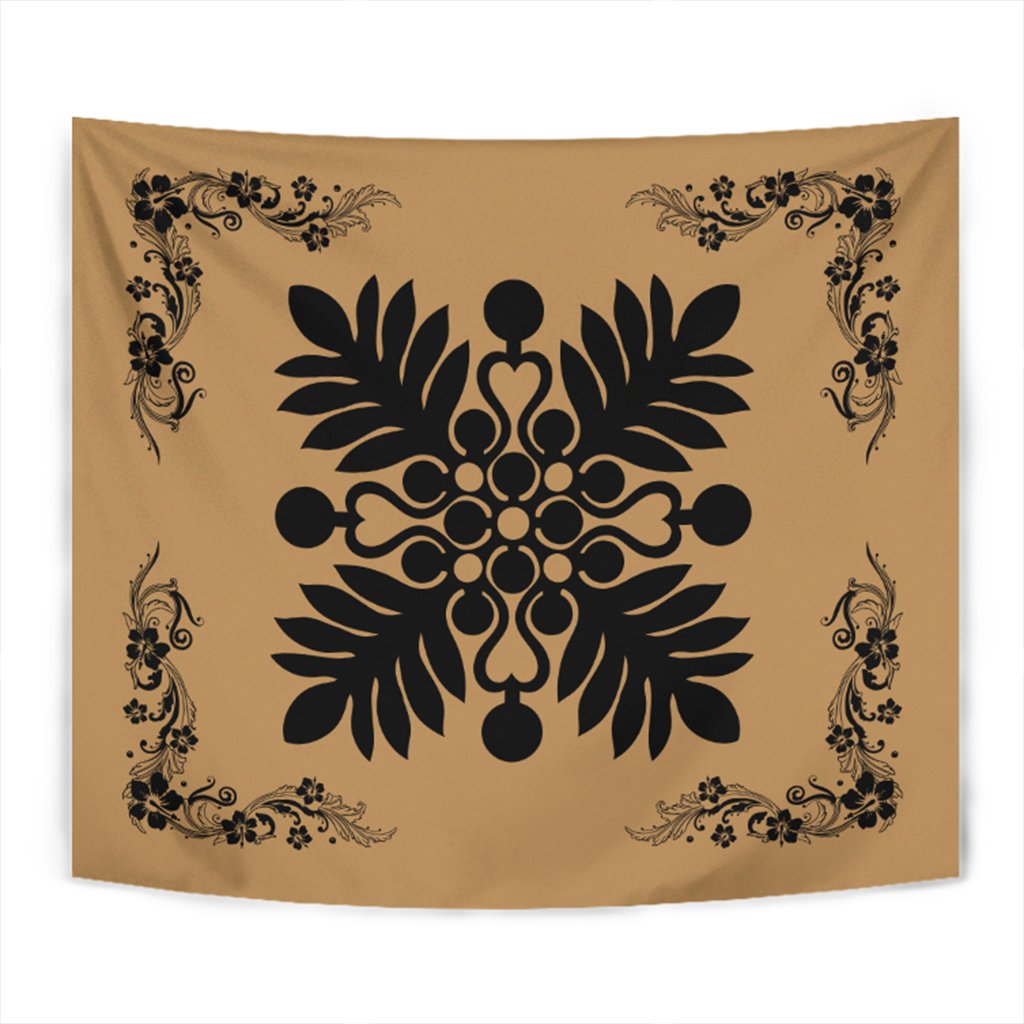 Hawaiian Quilt Maui Plant And Hibiscus Tappestry - Black Gold - AH Wall Tapestry Black - Polynesian Pride