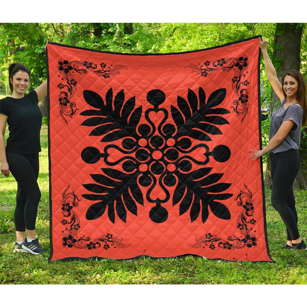 Hawaiian Quilt Maui Plant And Hibiscus Premium Quilt - Black Orange - AH Black - Polynesian Pride