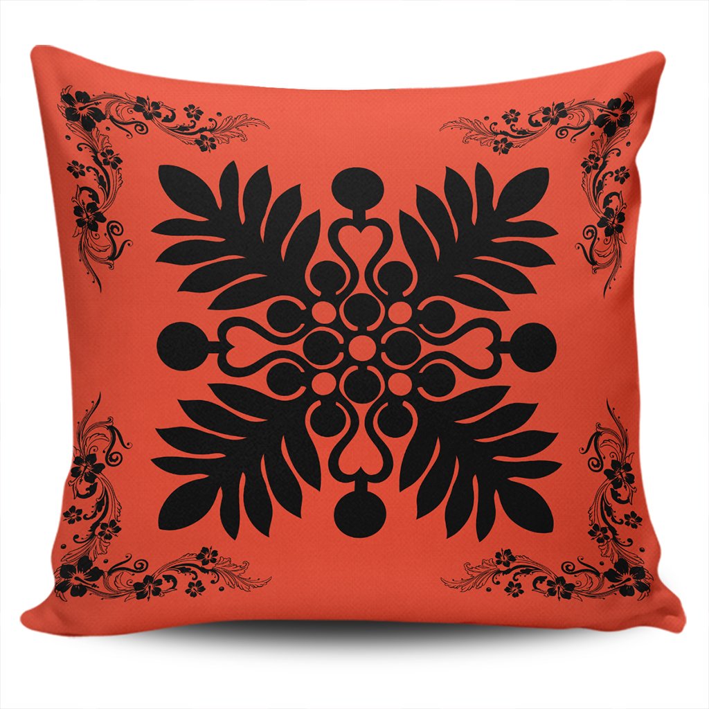 Hawaiian Quilt Maui Plant And Hibiscus Pattern Pillow Covers - Black Orange - AH One Size Black - Polynesian Pride