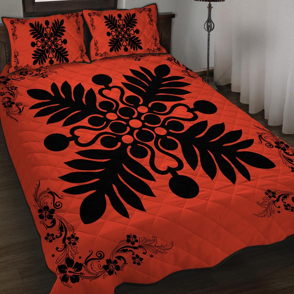 Hawaiian Quilt Maui Plant And Hibiscus Pattern Quilt Bed Set - Black Orange - AH - Polynesian Pride