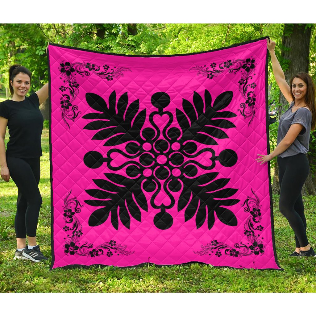 Hawaiian Quilt Maui Plant And Hibiscus Premium Quilt - Black Pink - AH Black - Polynesian Pride