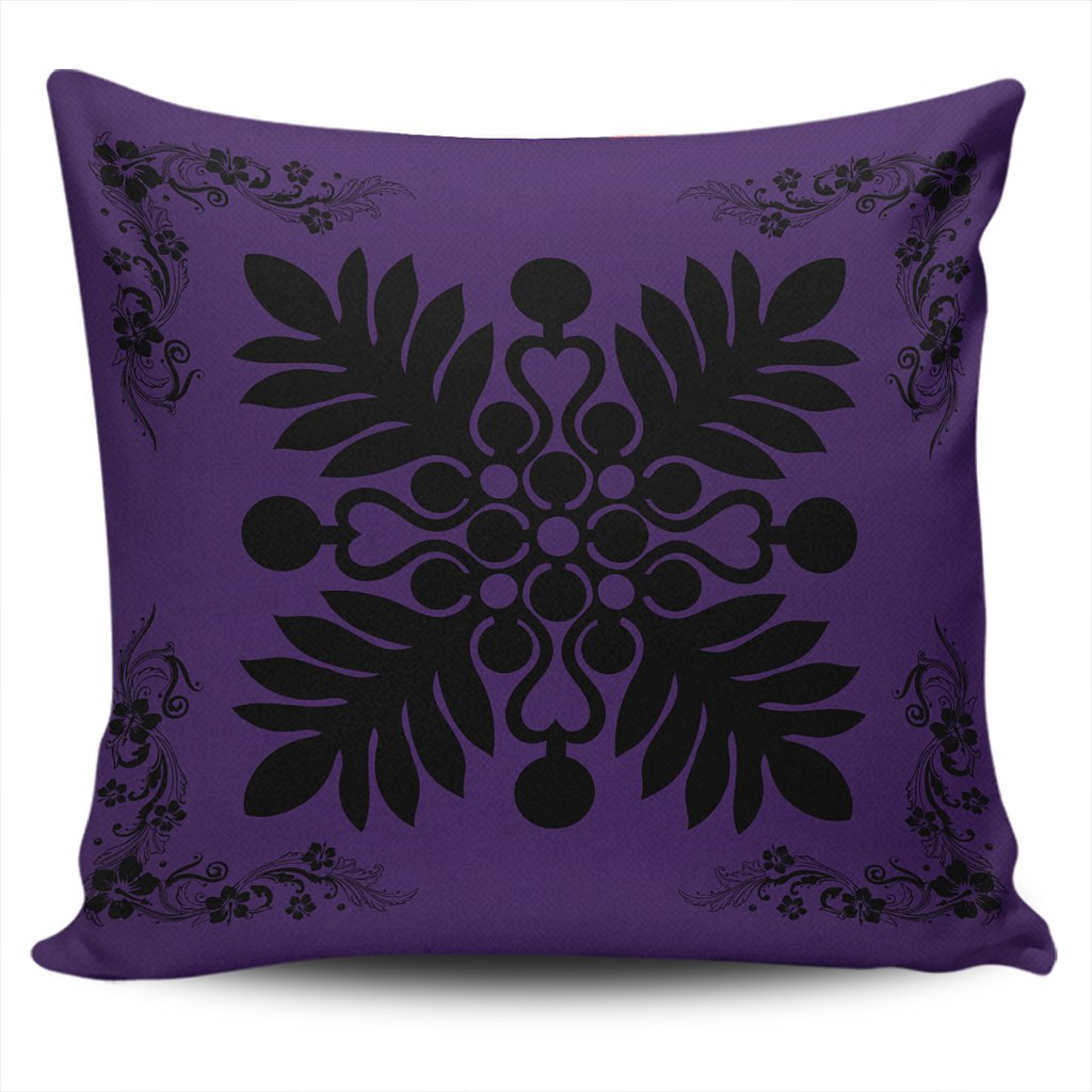 Hawaiian Quilt Maui Plant And Hibiscus Pattern Pillow Covers - Black Purple - AH One Size Black - Polynesian Pride