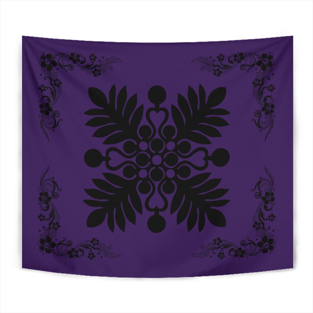 Hawaiian Quilt Maui Plant And Hibiscus Tappestry - Black Purple - AH Wall Tapestry Black - Polynesian Pride