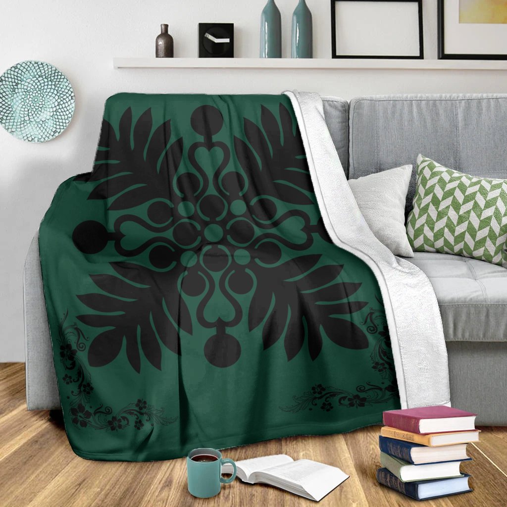 Hawaiian Quilt Maui Plant And Hibiscus Premium Blanket - Black Sacramento - AH - Polynesian Pride