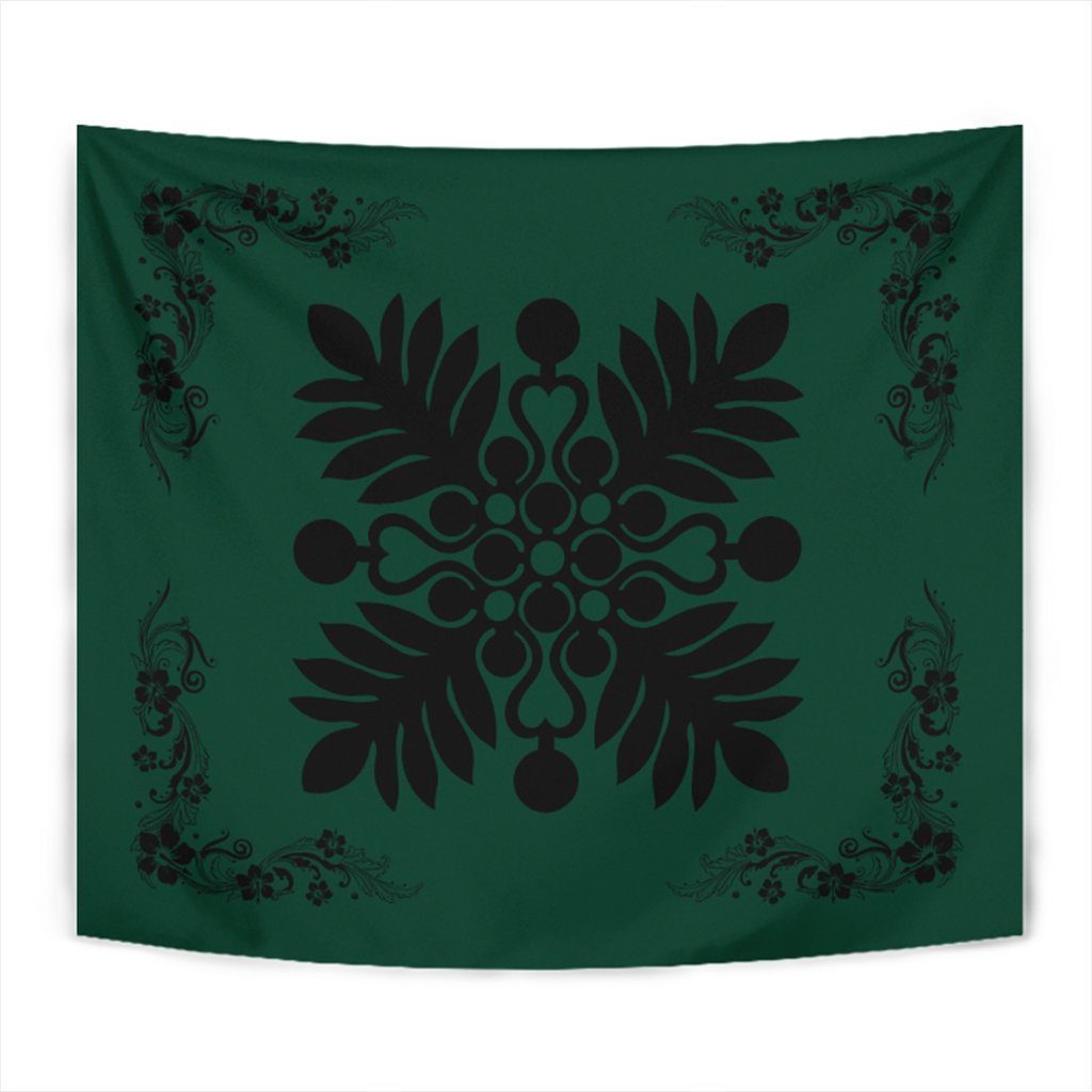 Hawaiian Quilt Maui Plant And Hibiscus Tappestry - Black Sacramento - AH Wall Tapestry Black - Polynesian Pride