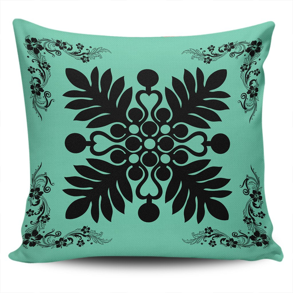 Hawaiian Quilt Maui Plant And Hibiscus Pattern Pillow Covers - Black Seafoarm - AH One Size Black - Polynesian Pride