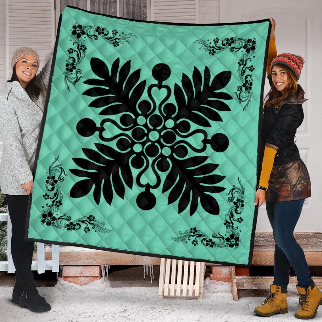 Hawaiian Quilt Maui Plant And Hibiscus Premium Quilt - Black Seafoarm - AH - Polynesian Pride