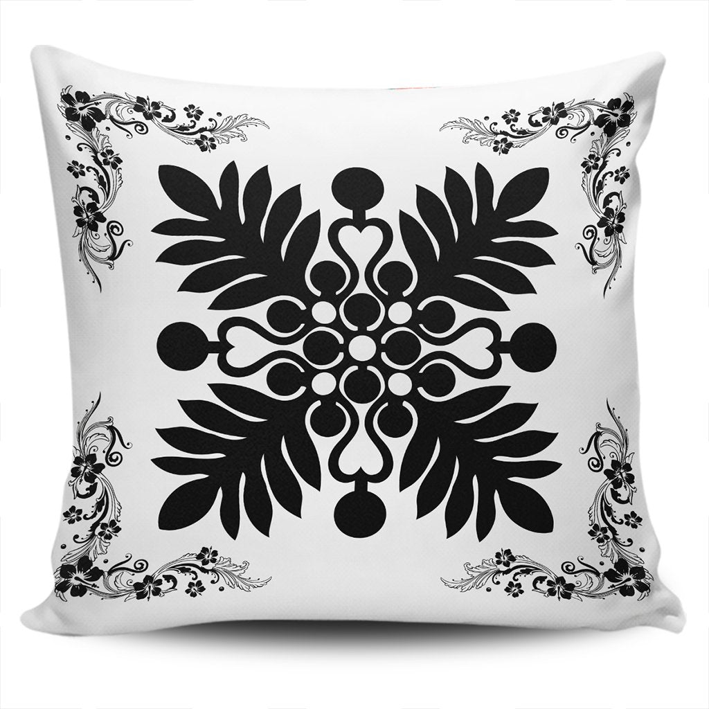 Hawaiian Quilt Maui Plant And Hibiscus Pattern Pillow Covers - Black White - AH One Size Black - Polynesian Pride