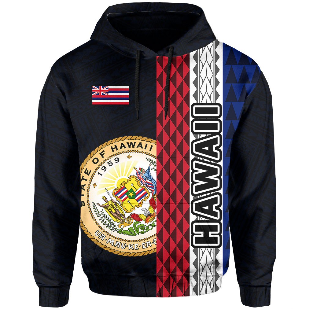 Polynesian Kakau Hawaii Flag Seal of Hawaii Hoodie Blue - Polynesian Pride