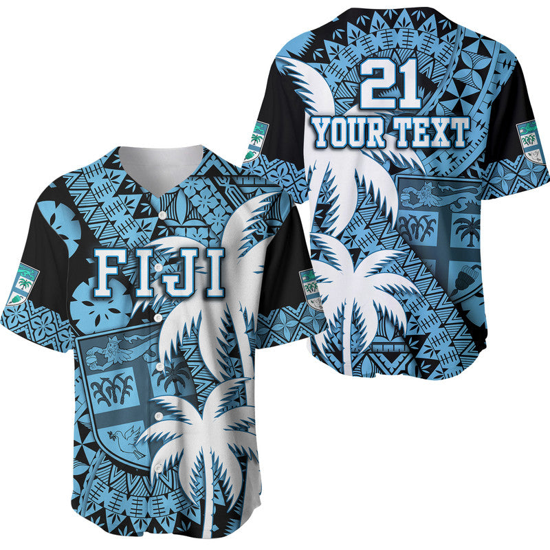 (Custom Personalised) Fiji Coat Of Arms Baseball Jersey Masi Tapa Mixed Palm Tree No1 Blue Version LT9 Blue - Polynesian Pride