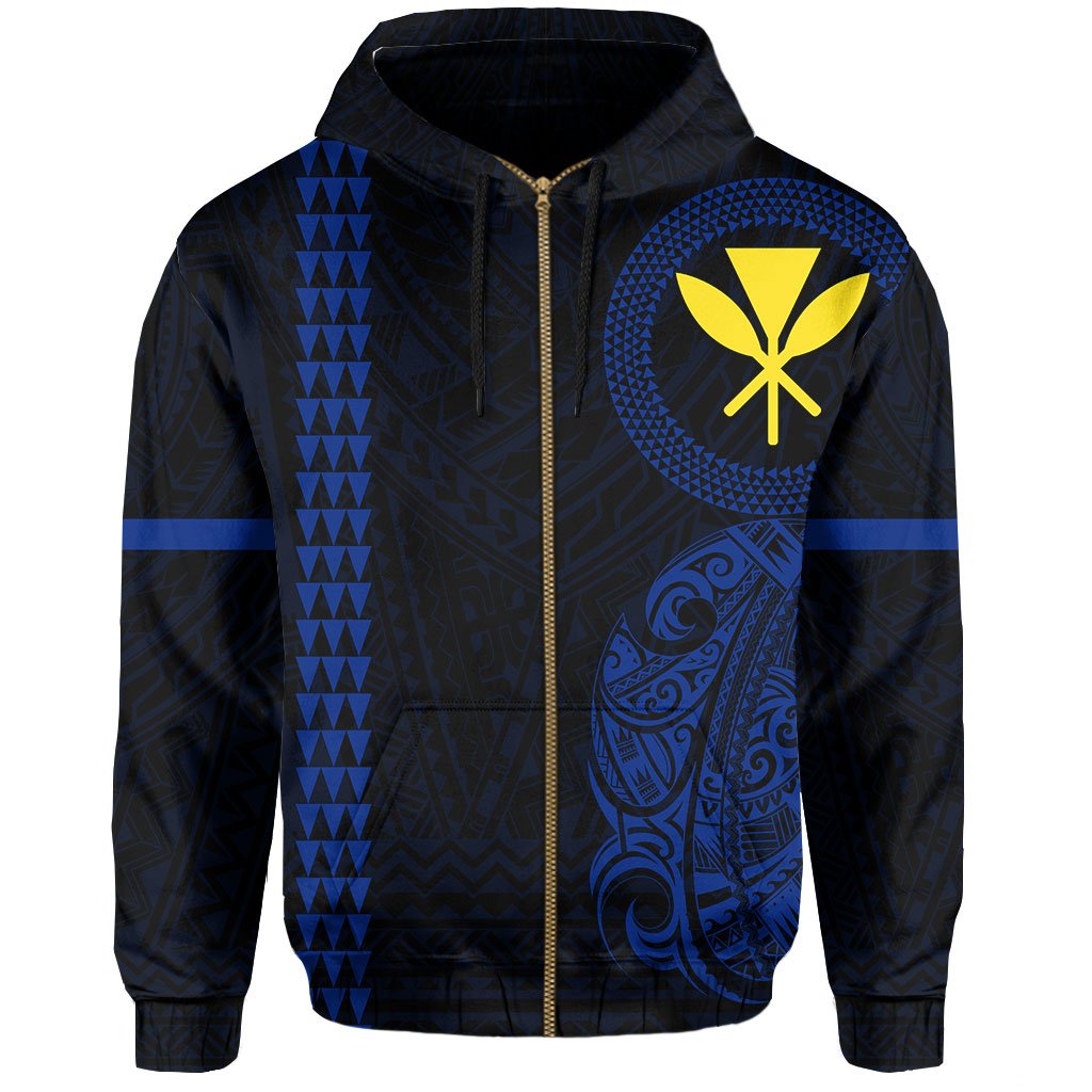 Polynesian Kakau Kanaka Flag of Hawaii Zip Hoodie Blue - Polynesian Pride
