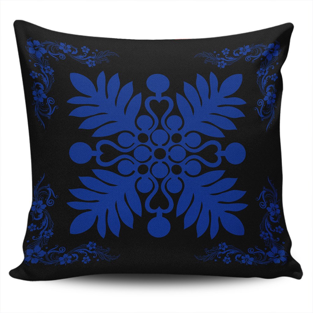 Hawaiian Quilt Maui Plant And Hibiscus Pattern Pillow Covers - Blue Black - AH One Size Blue - Polynesian Pride