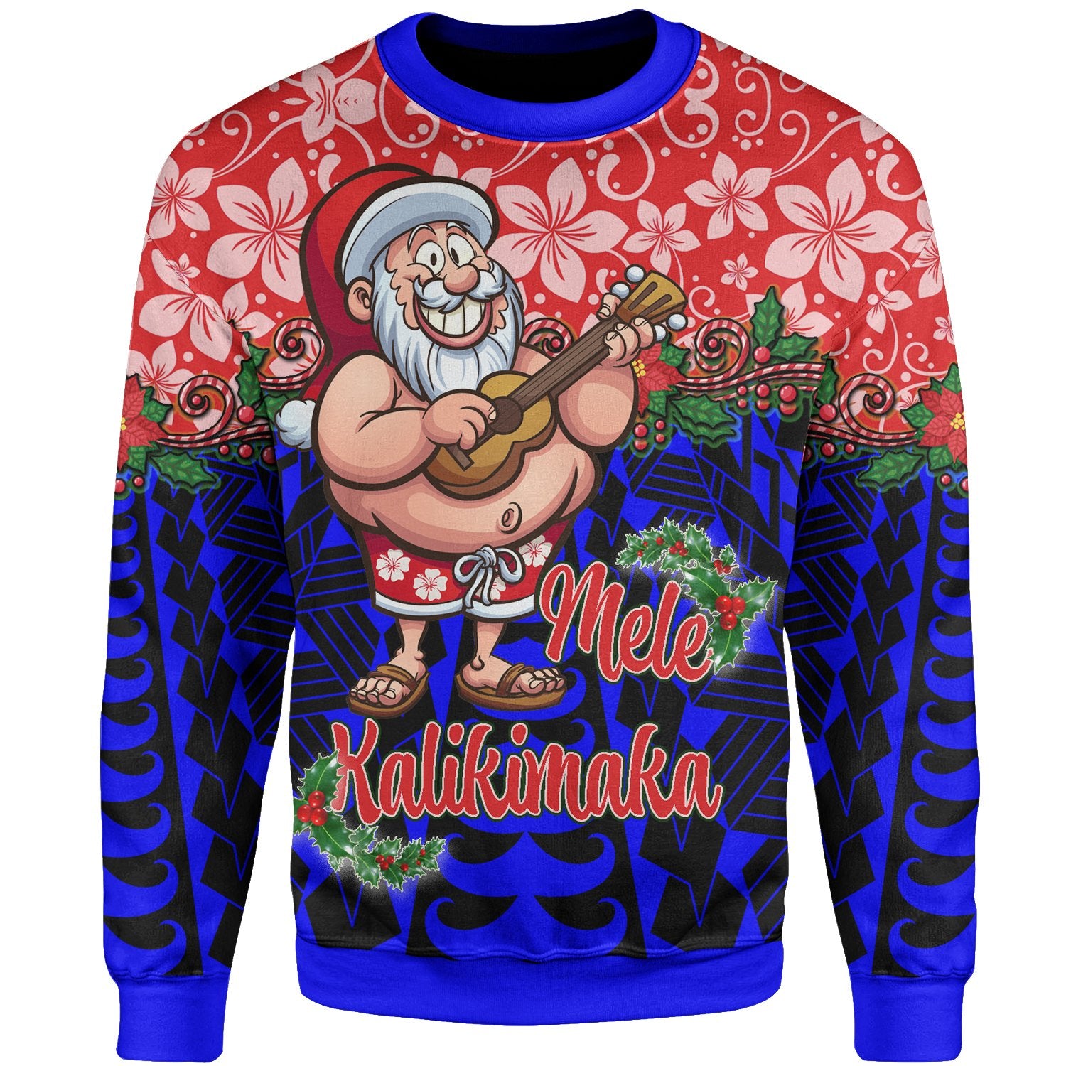 Christmas Sweatshirt 03 - Santa Claus Playing The Ukulele Unisex Blue - Polynesian Pride