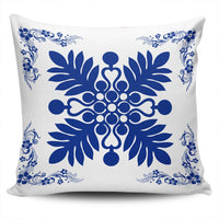 Hawaiian Quilt Maui Plant And Hibiscus Pattern Pillow Covers - Blue White - AH One Size Blue - Polynesian Pride