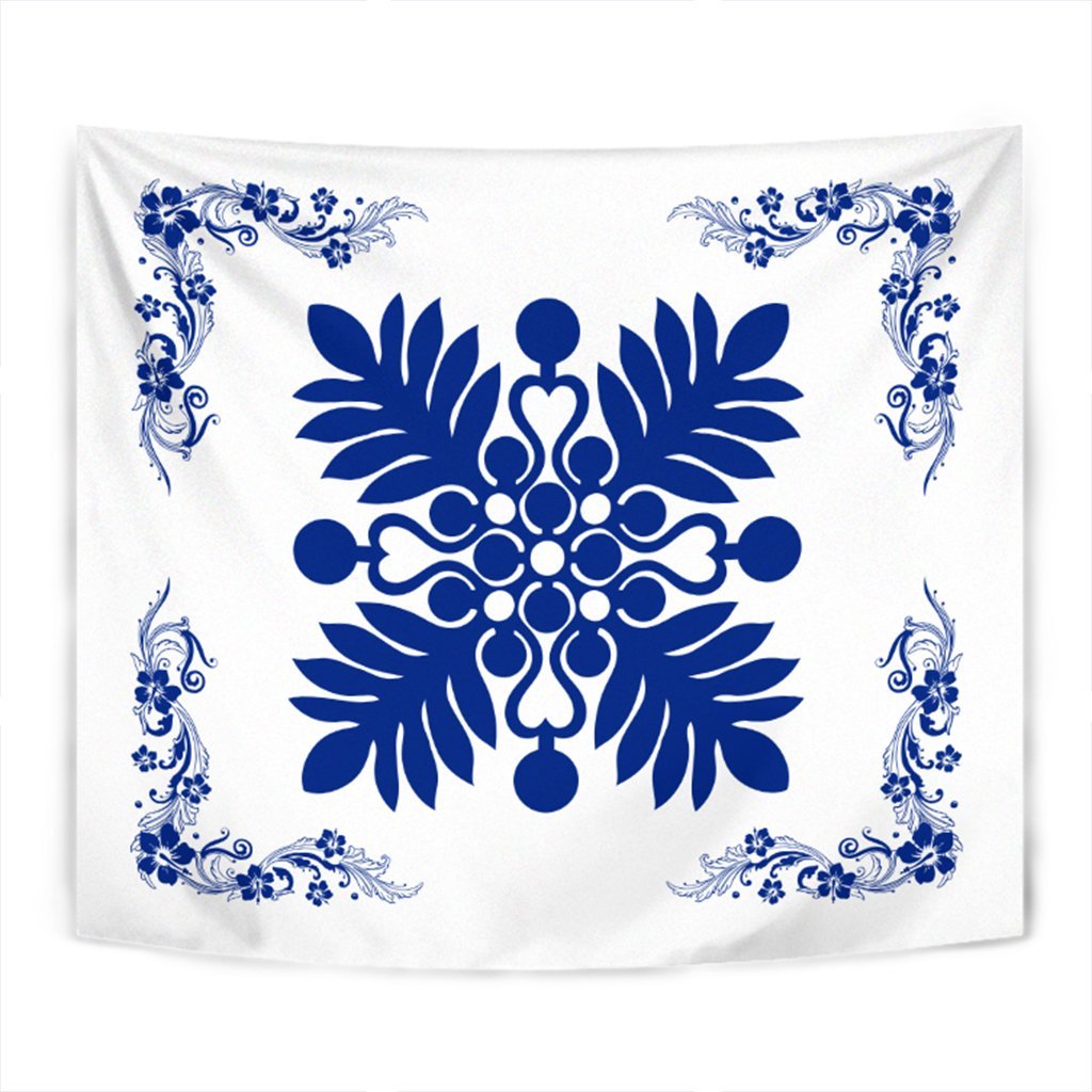 Hawaiian Quilt Maui Plant And Hibiscus Tappestry - Blue White - AH Wall Tapestry Blue - Polynesian Pride