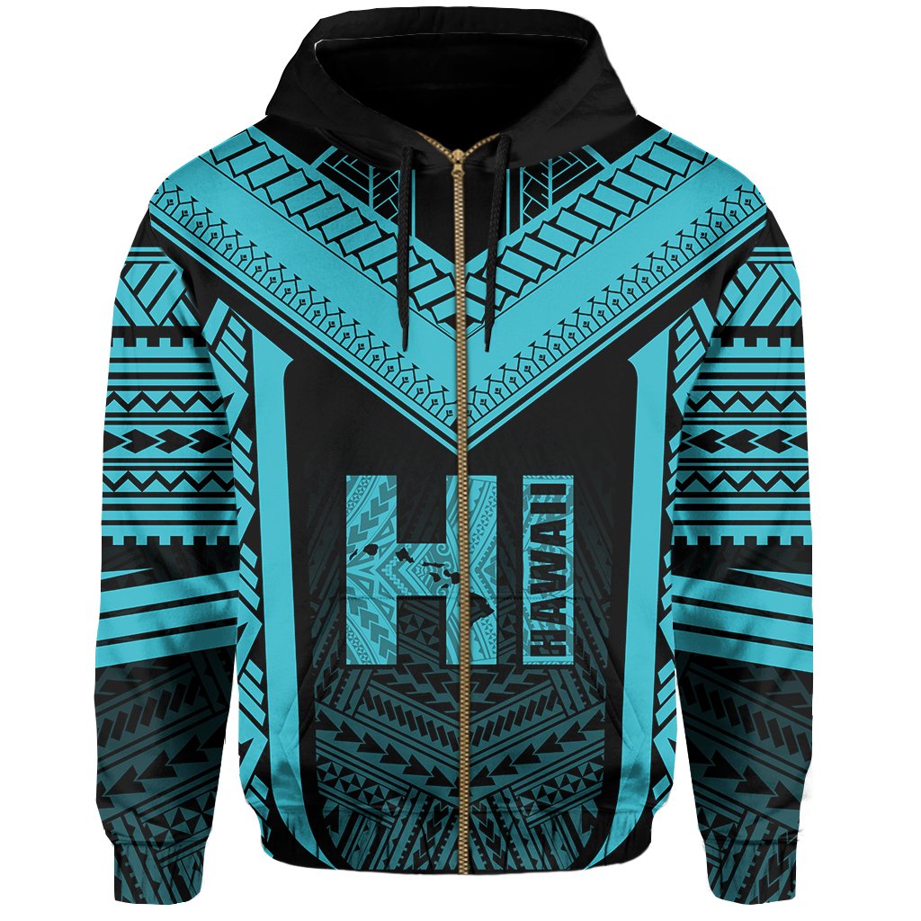 Hawaiian Kanaka Polynesian Zip up Hoodie Active Blue - Polynesian Pride