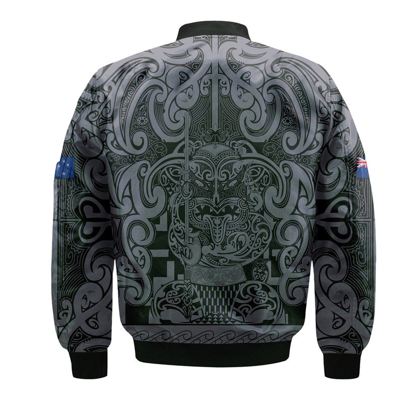 New Zealand Taiaha Maori Bomber Jacket Minimalist Silver Fern All Black LT9 - Polynesian Pride
