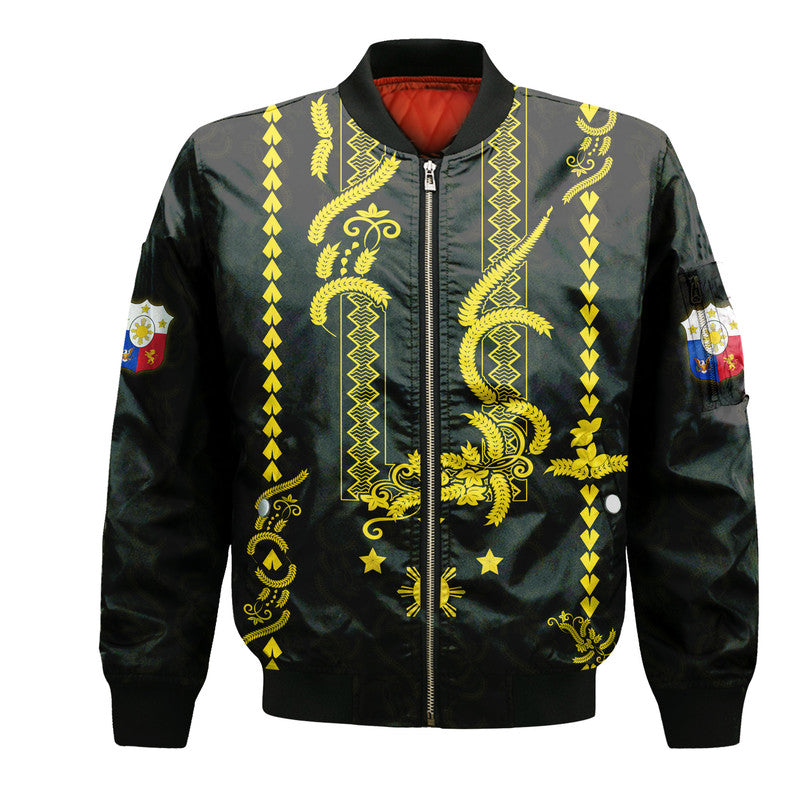 Philippines Bomber Jacket Pechera With Side Barong Patterns LT9 Unisex Black - Polynesian Pride