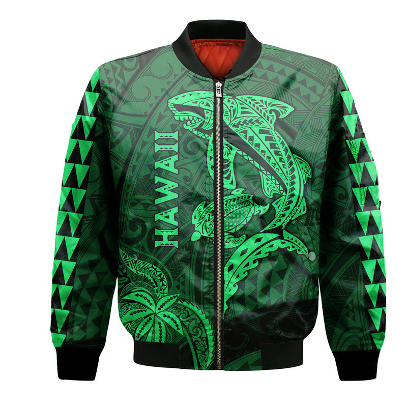 Hawaii Bomber Jacket Shark and Turtle Mix Kakau Green LT9 Unisex Green - Polynesian Pride
