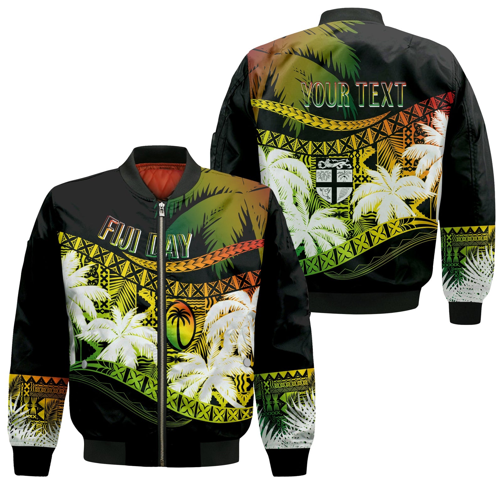 Personalised Fiji Day Bomber Jacket Flying Fijians Masi Kesa Style - Reggae LT7 Unisex Reggae - Polynesian Pride