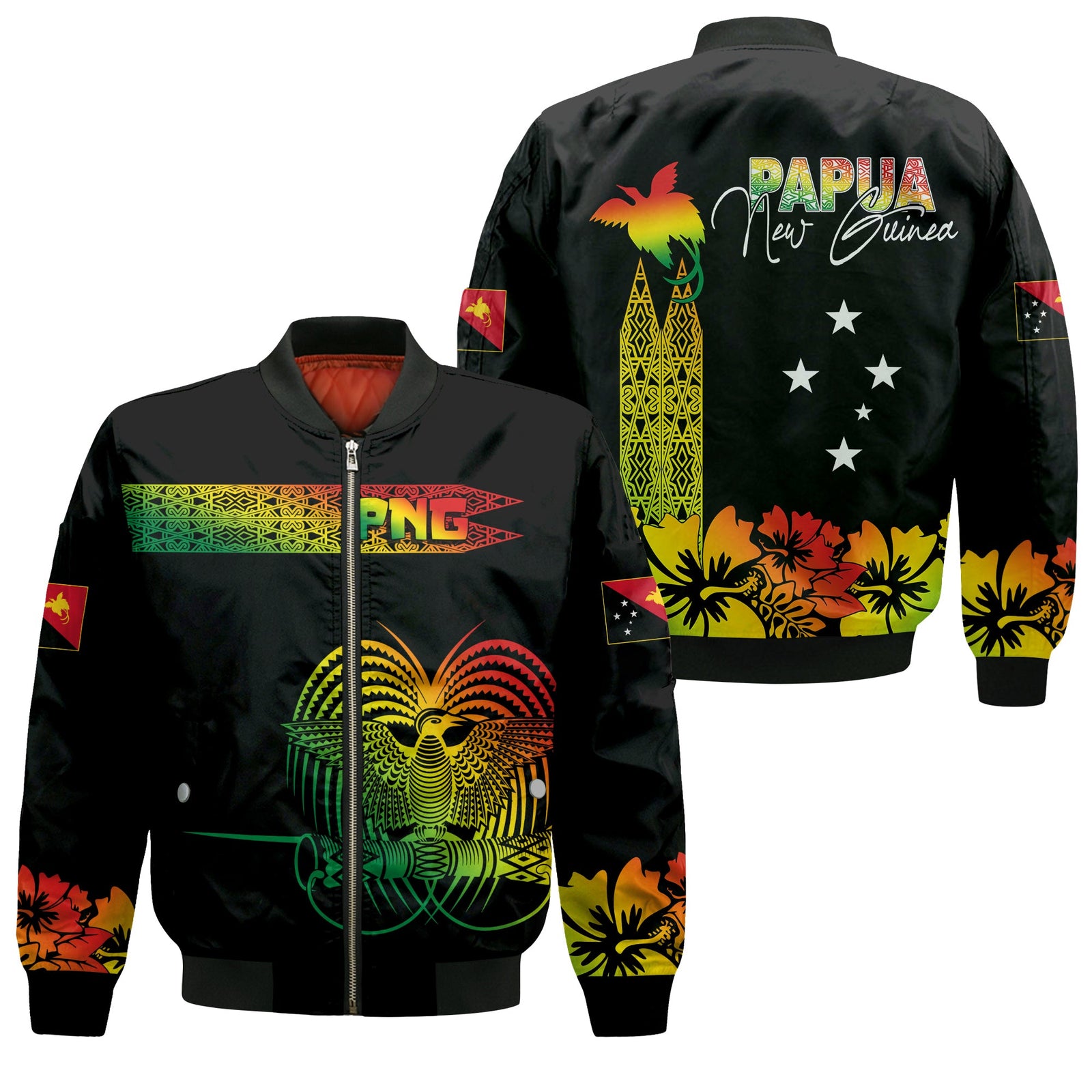 PNG Hibiscus Tribal Pattern Bomber Jacket Motuan Reggae Color LT7 Unisex Reggae - Polynesian Pride