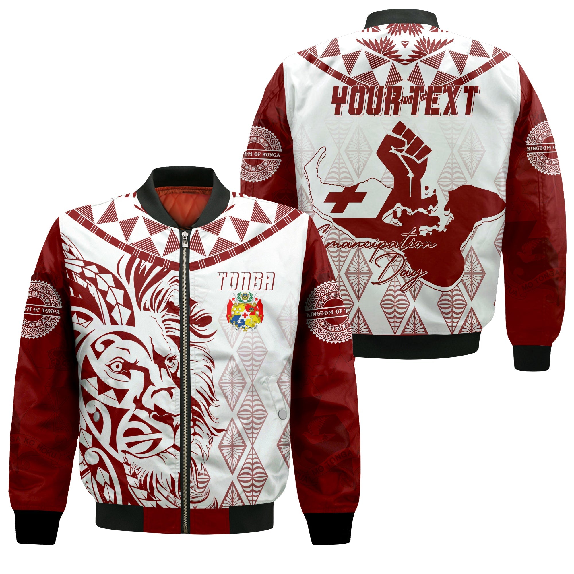 Tonga Personalised Bomber Jacket Emancipation Day Lion Style LT7 Unisex White - Polynesian Pride
