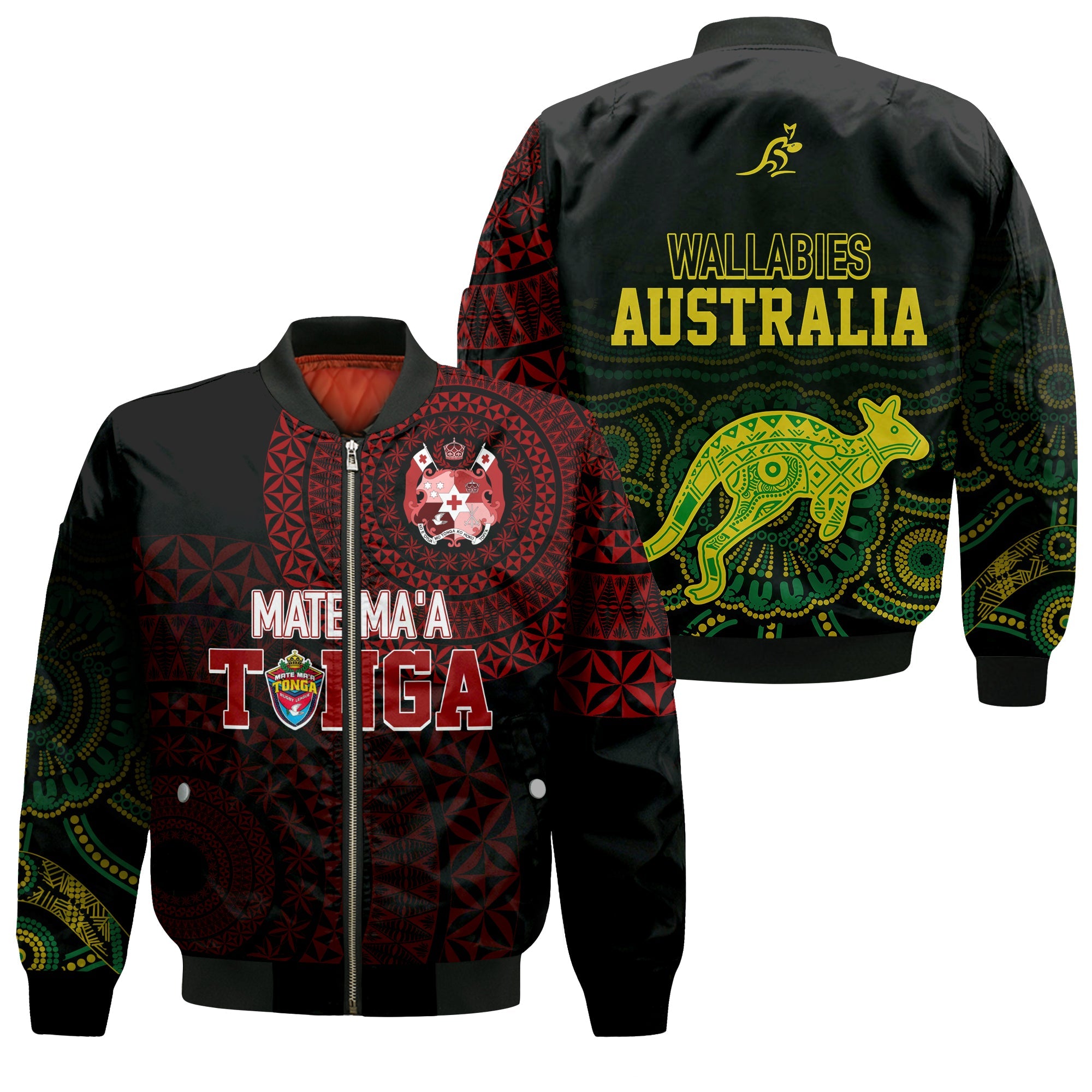 Personalised Aussie Wallabies Mix Mate Maa Tonga Bomber Jacket Ver 01 LT7 Unisex Black - Polynesian Pride