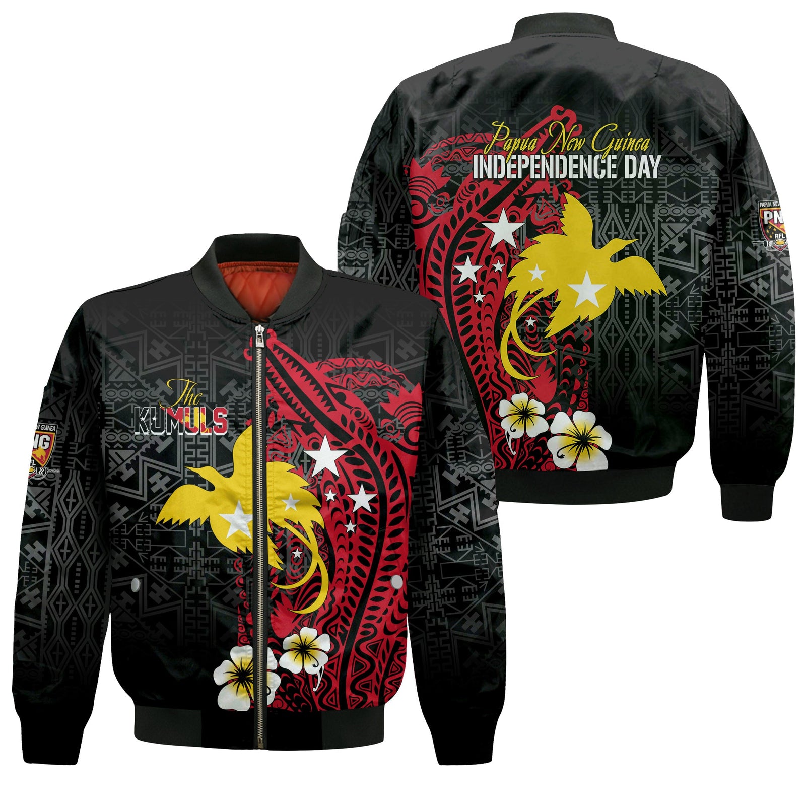 Papua New Guinea Independence Bomber Jacket PNG Kumuls - Tribal Crocodile LT7 Unisex Black - Polynesian Pride