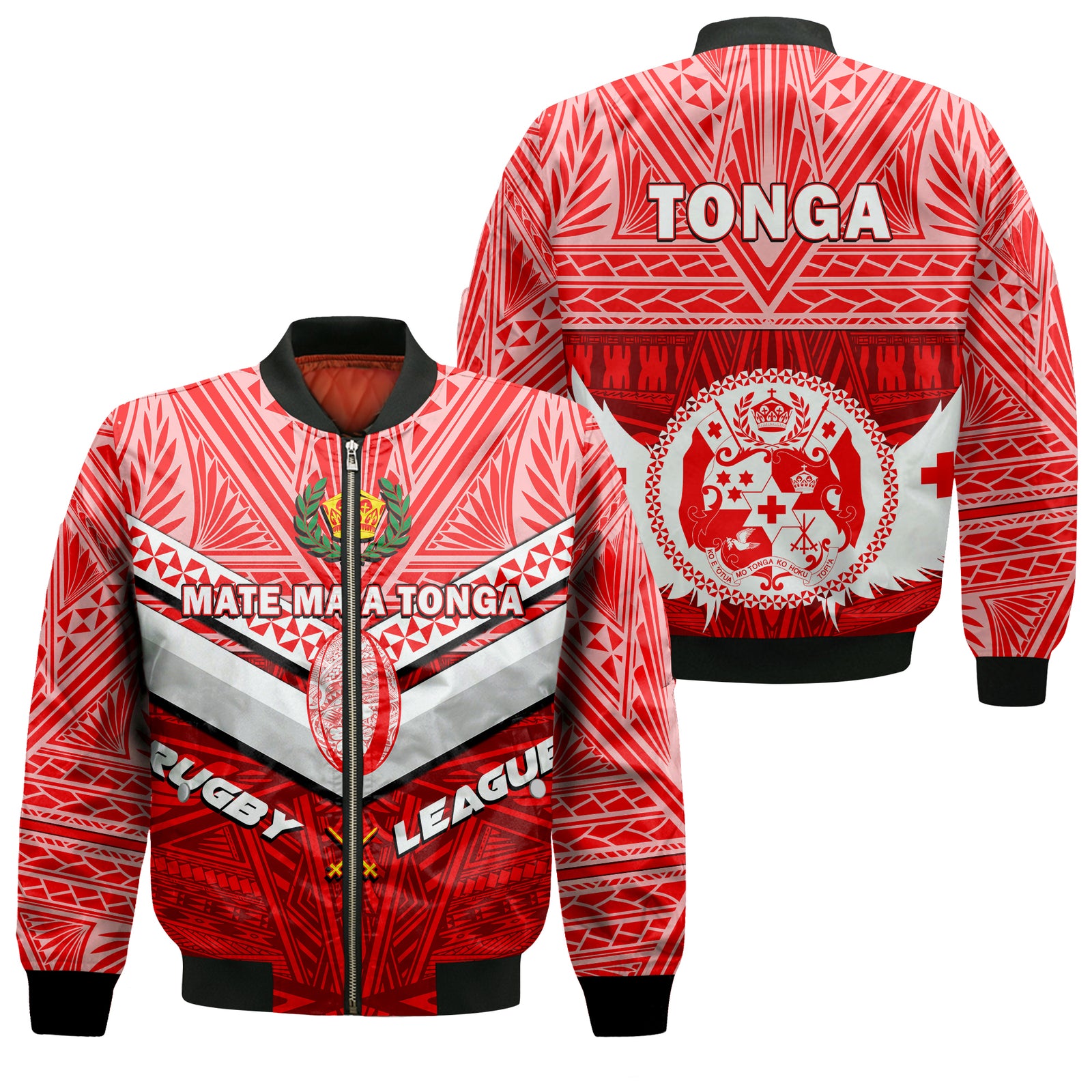 Tonga Rugby Mate Ma'a Tonga Tapa Pattern Bomber Jacket - LT2 Unisex RED - Polynesian Pride