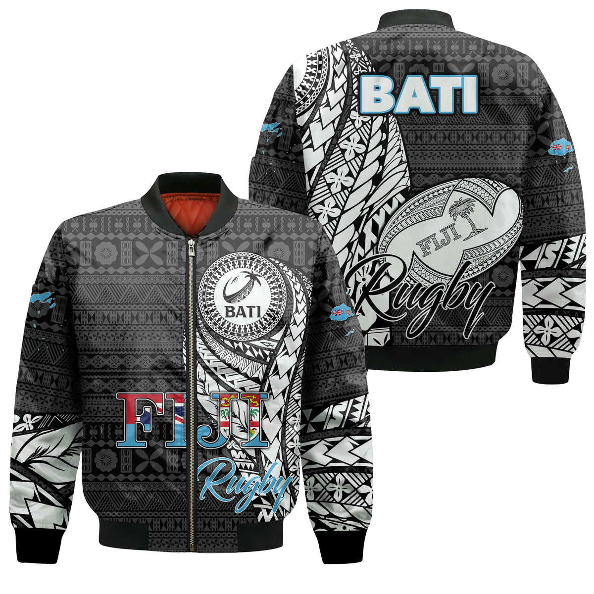 Fiji Rugby Bati Tapa Pattern Bomber Jacket - LT2 Unisex BLACK - Polynesian Pride