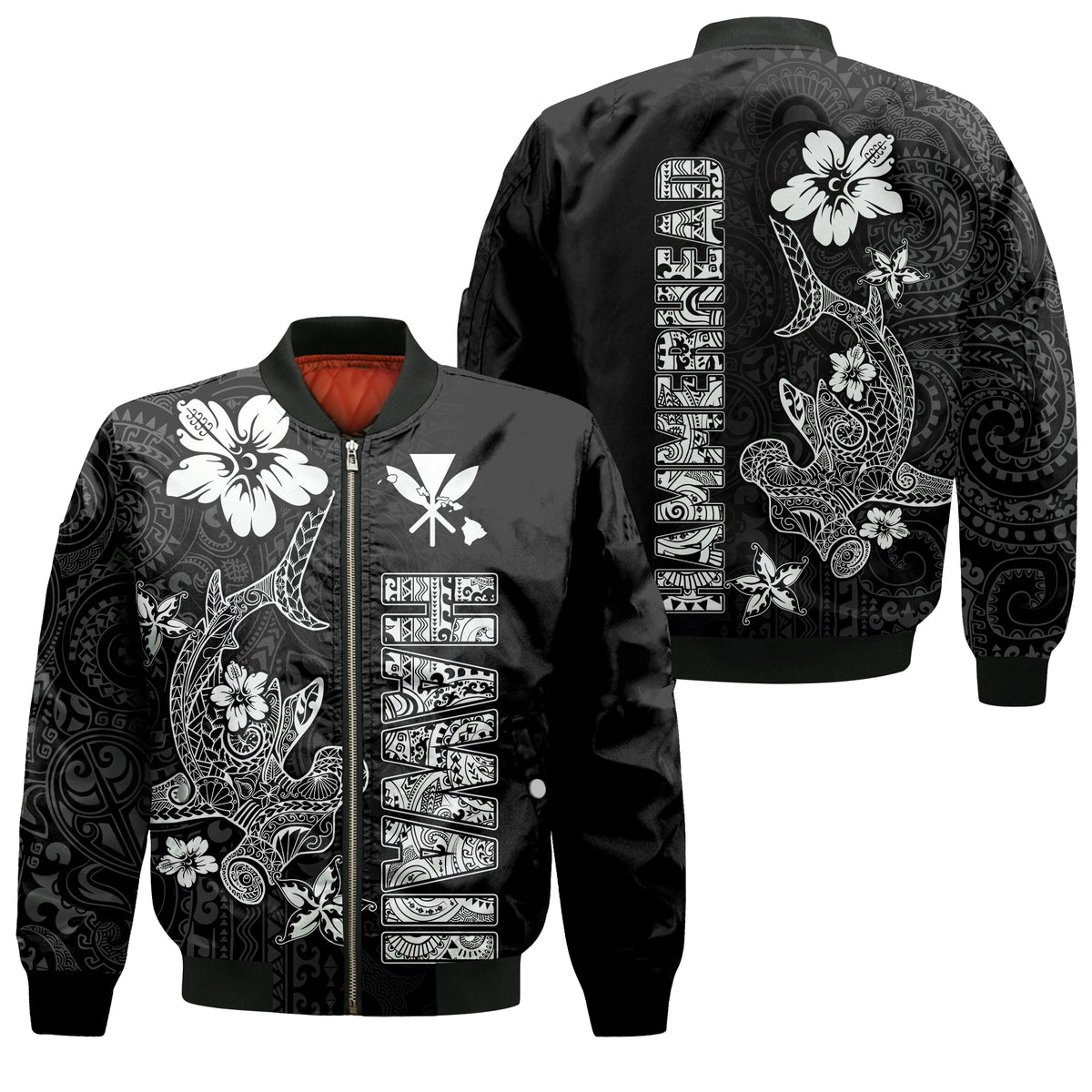 Hawaii Hammerhead Shark Hibiscus Hawaii Pattern Bomber Jacket - LT2 Unisex BLACK - Polynesian Pride