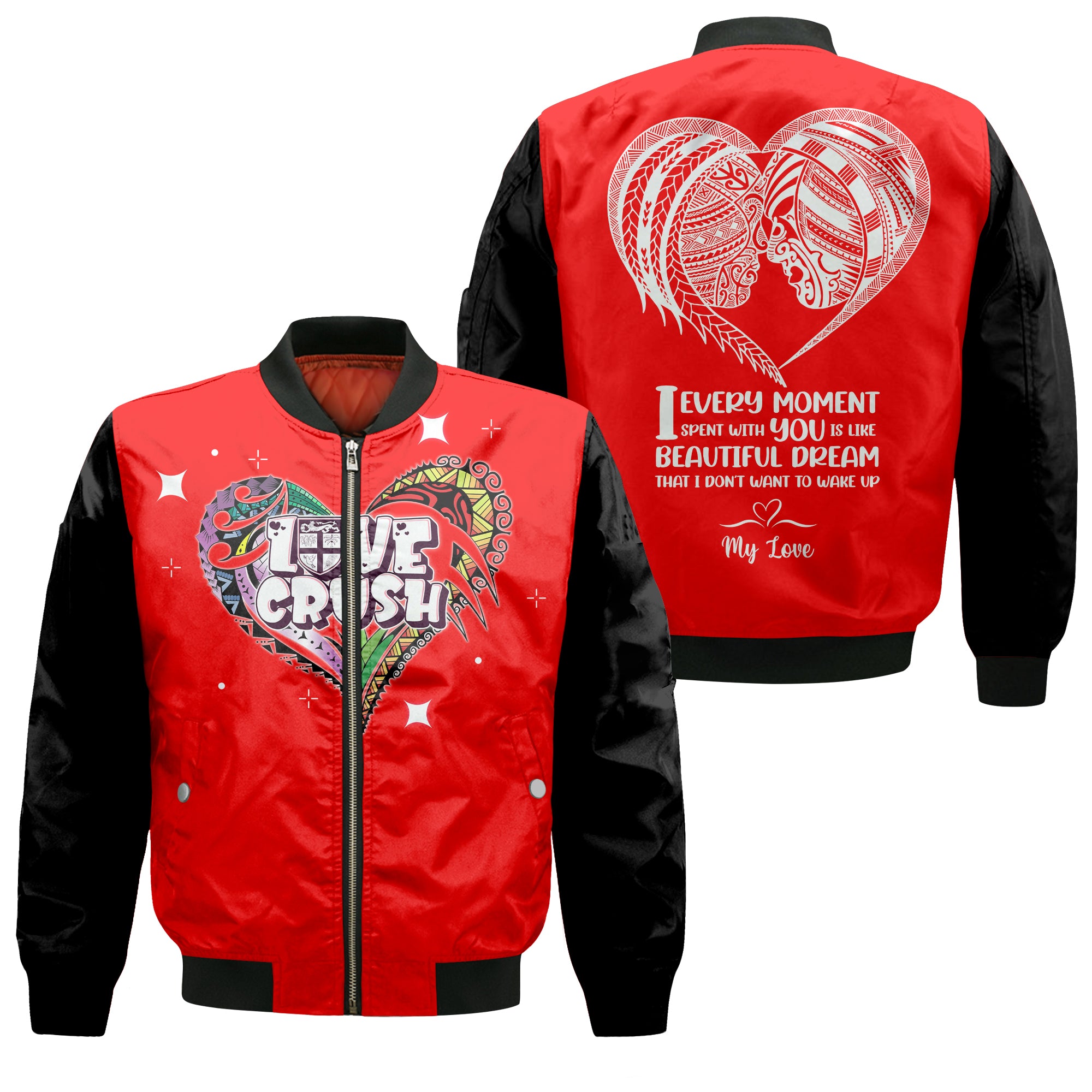 Fiji Valentine Couple Heart Bomber Jacket - LT2 Unisex RED - Polynesian Pride