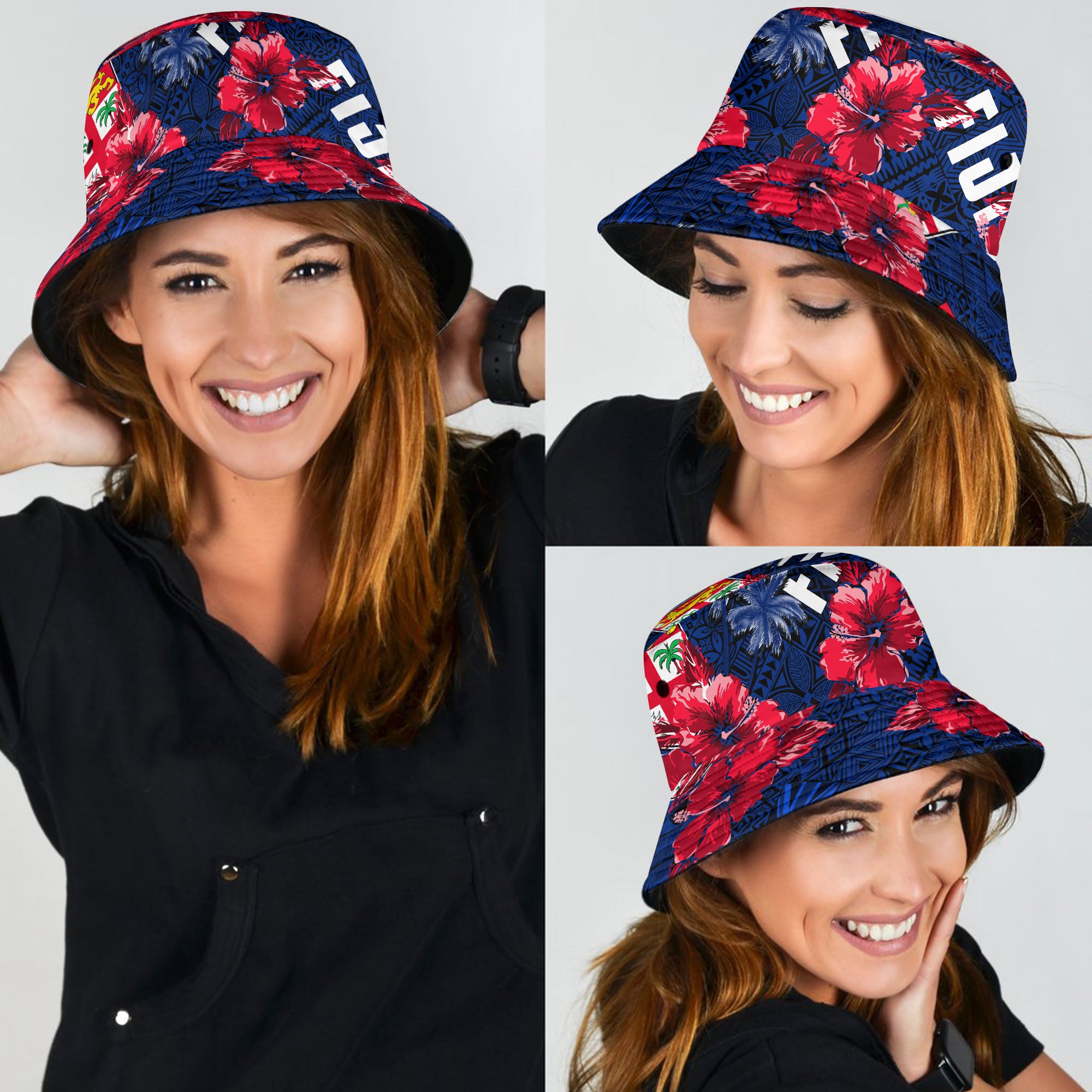 Fiji Hibiscus Bucket Hat Hawaii Style No.2 LT6 Unisex Universal Fit Blue - Polynesian Pride