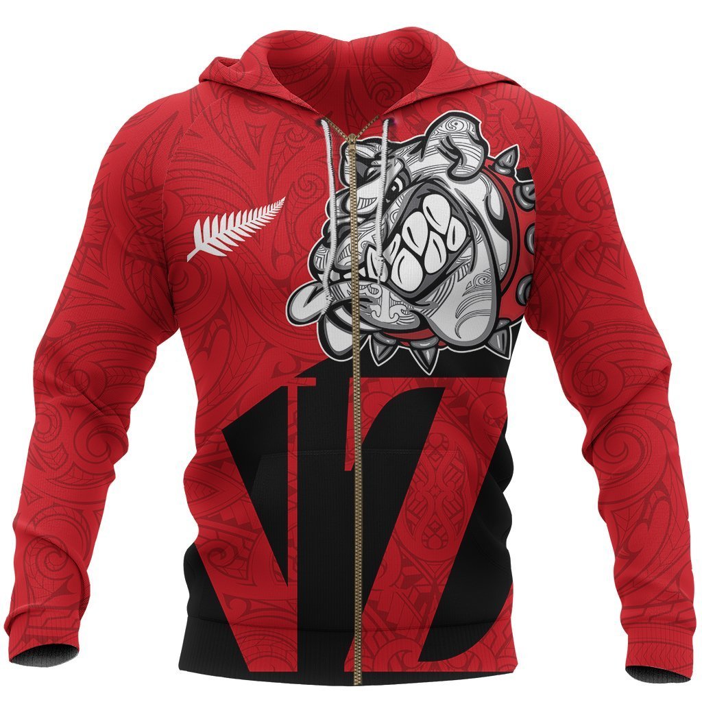 New Zealand Bulldog Zip Hoodie, Maori Bulldog Full Zip Hoodie Unisex Black - Polynesian Pride