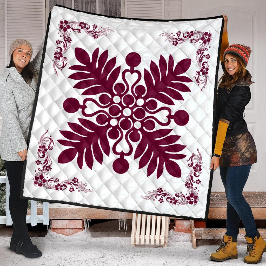 Hawaiian Quilt Maui Plant And Hibiscus Premium Quilt - Burgundy White - AH - Polynesian Pride
