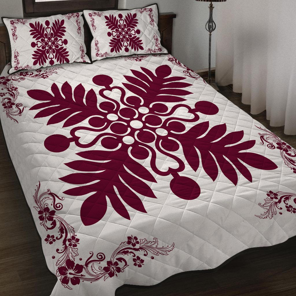 Hawaiian Quilt Maui Plant And Hibiscus Pattern Quilt Bed Set - Burgundy White - AH - Polynesian Pride