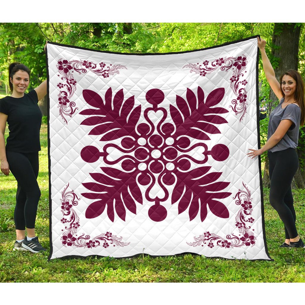 Hawaiian Quilt Maui Plant And Hibiscus Premium Quilt - Burgundy White - AH Burgundy - Polynesian Pride