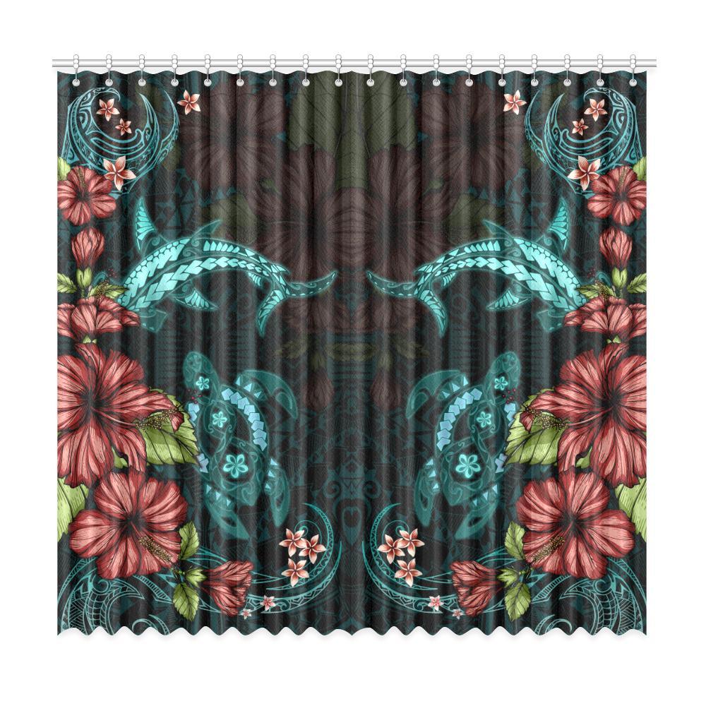 Turtle And Shark With Hibiscus Window Curtain ( Two Piece) Turquoise One Size 50"x96"(Two Piece) Black - Polynesian Pride