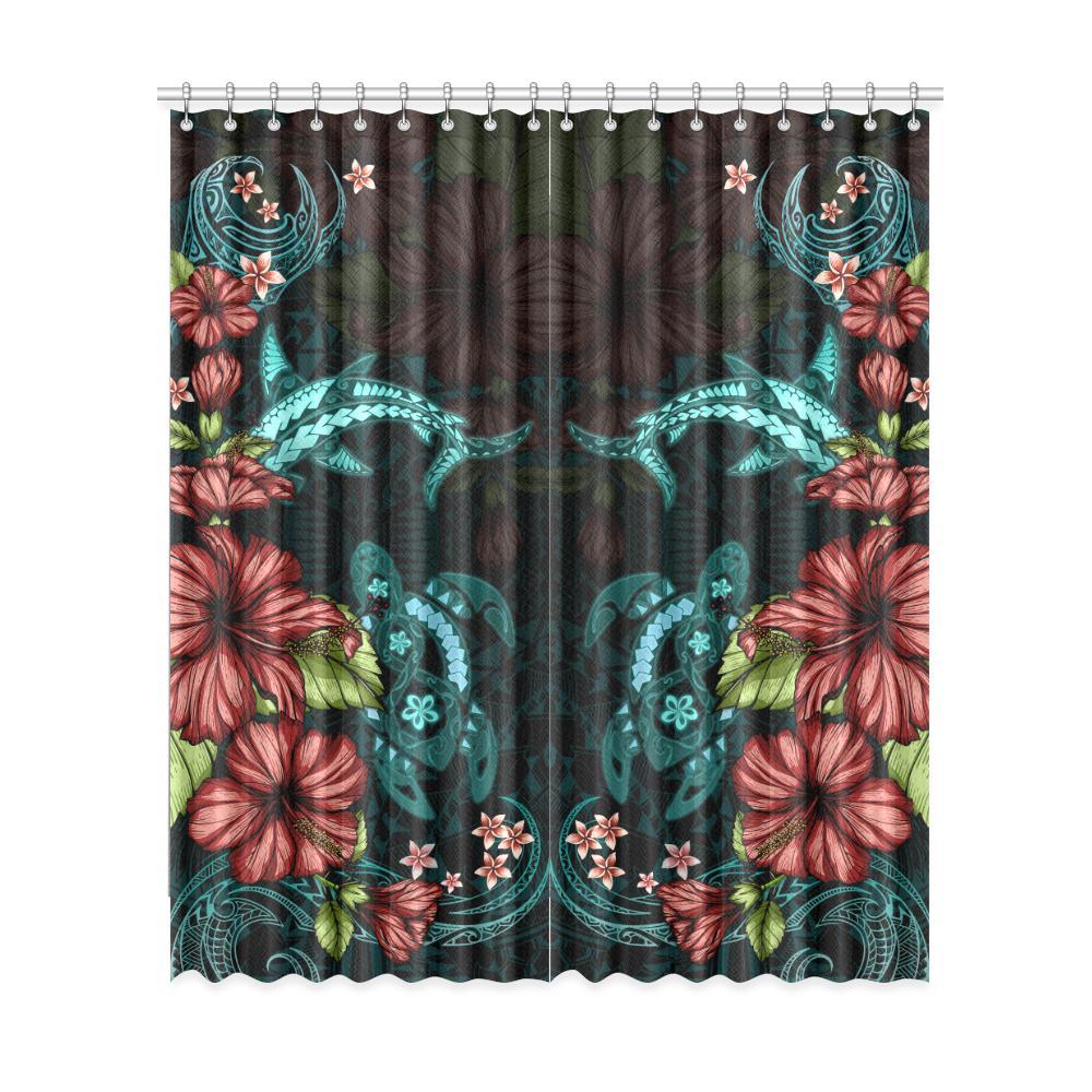 Turtle And Shark With Hibiscus Window Curtain ( Two Piece) Turquoise One Size 52"x120"(Two Piece) Black - Polynesian Pride