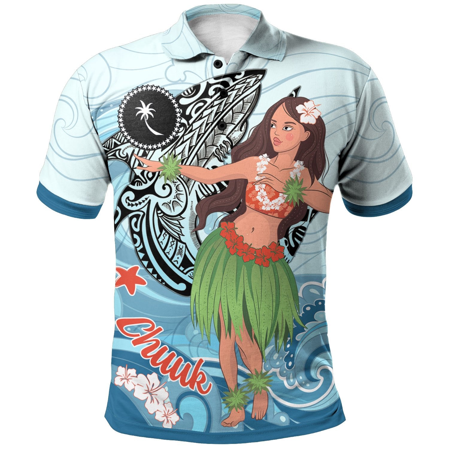 Chuuk Polo Shirt Polynesian Girls With Shark Unisex Blue - Polynesian Pride