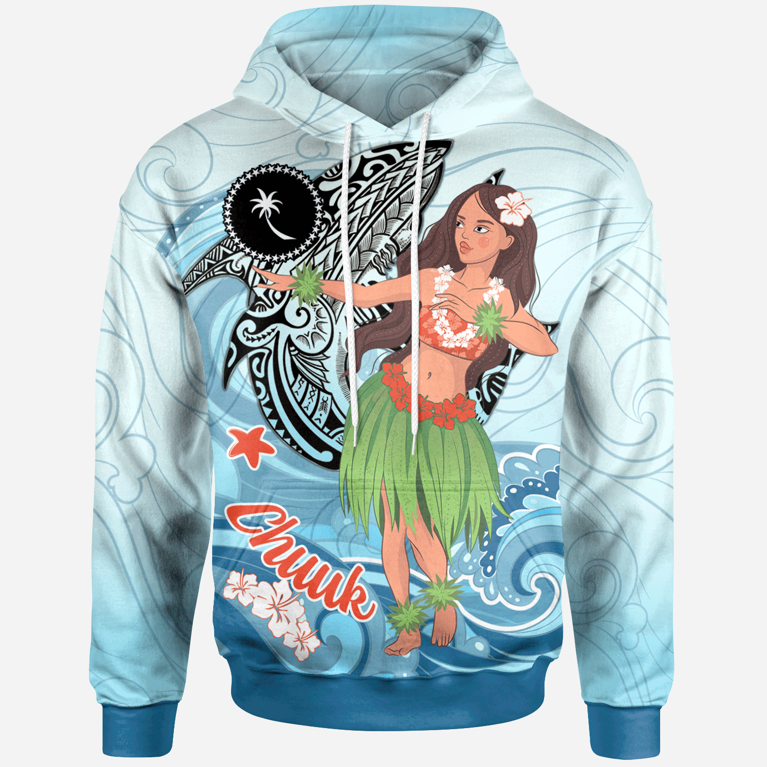 Chuuk Hoodie Polynesian Girls With Shark Unisex Blue - Polynesian Pride