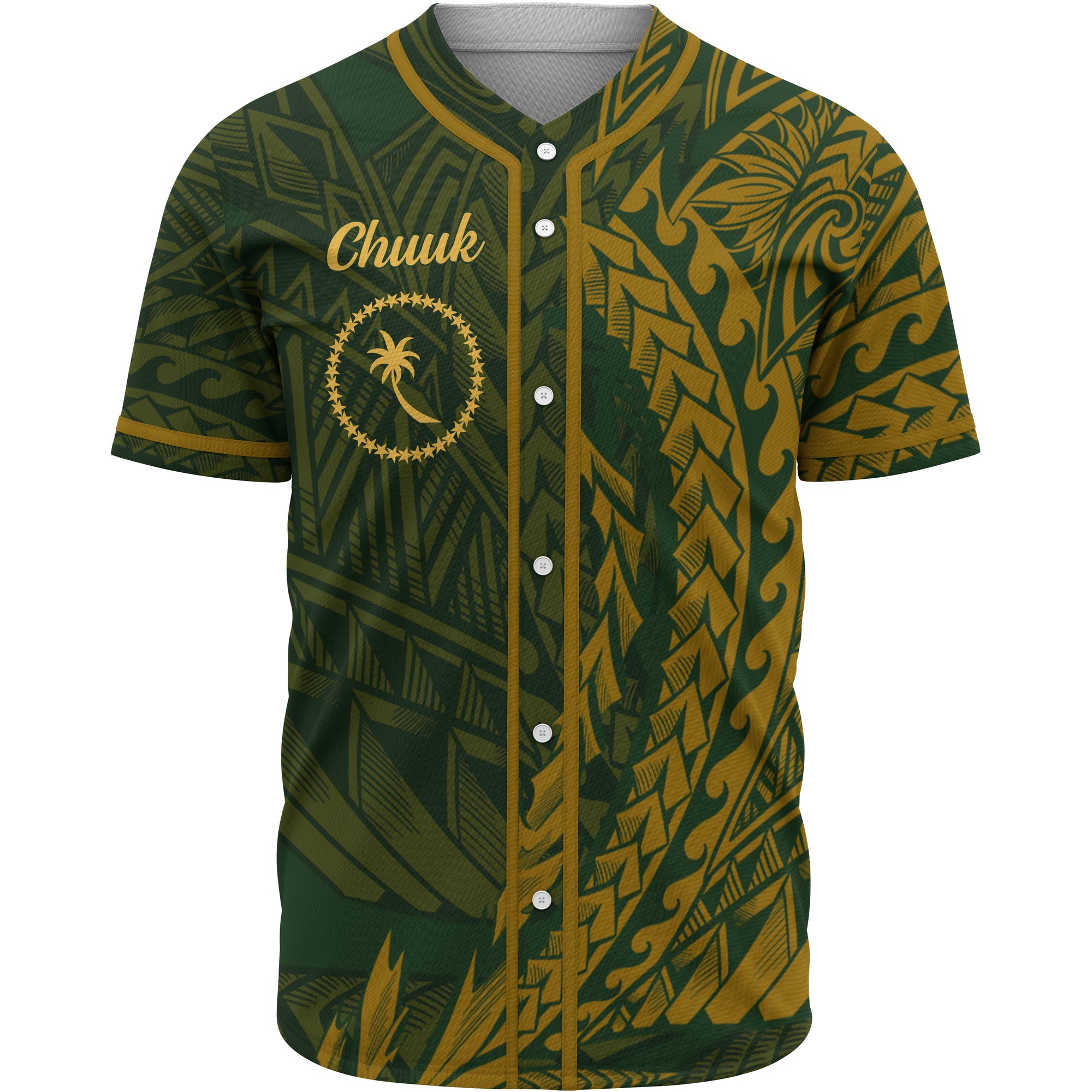 Chuuk Baseball Shirt - Green Wings Style Unisex Gold - Polynesian Pride