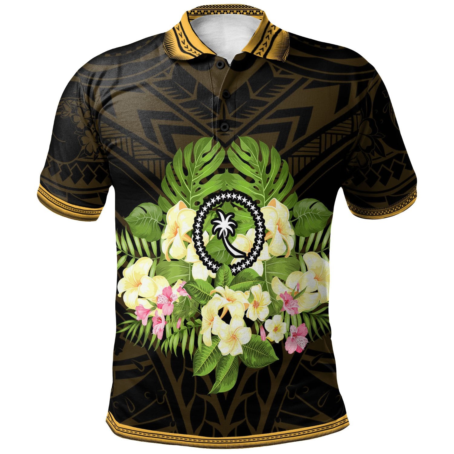 Chuuk State Polo Shirt Polynesian Gold Patterns Collection Unisex Black - Polynesian Pride