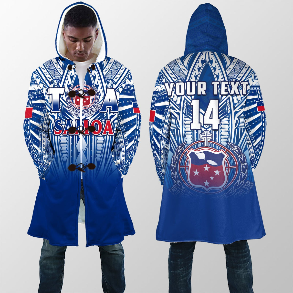 (Custom Text And Number) Samoa Rugby Cloaks Personalise Toa Samoa Polynesian Pacific Navy Version LT14 Unisex Blue - Polynesian Pride