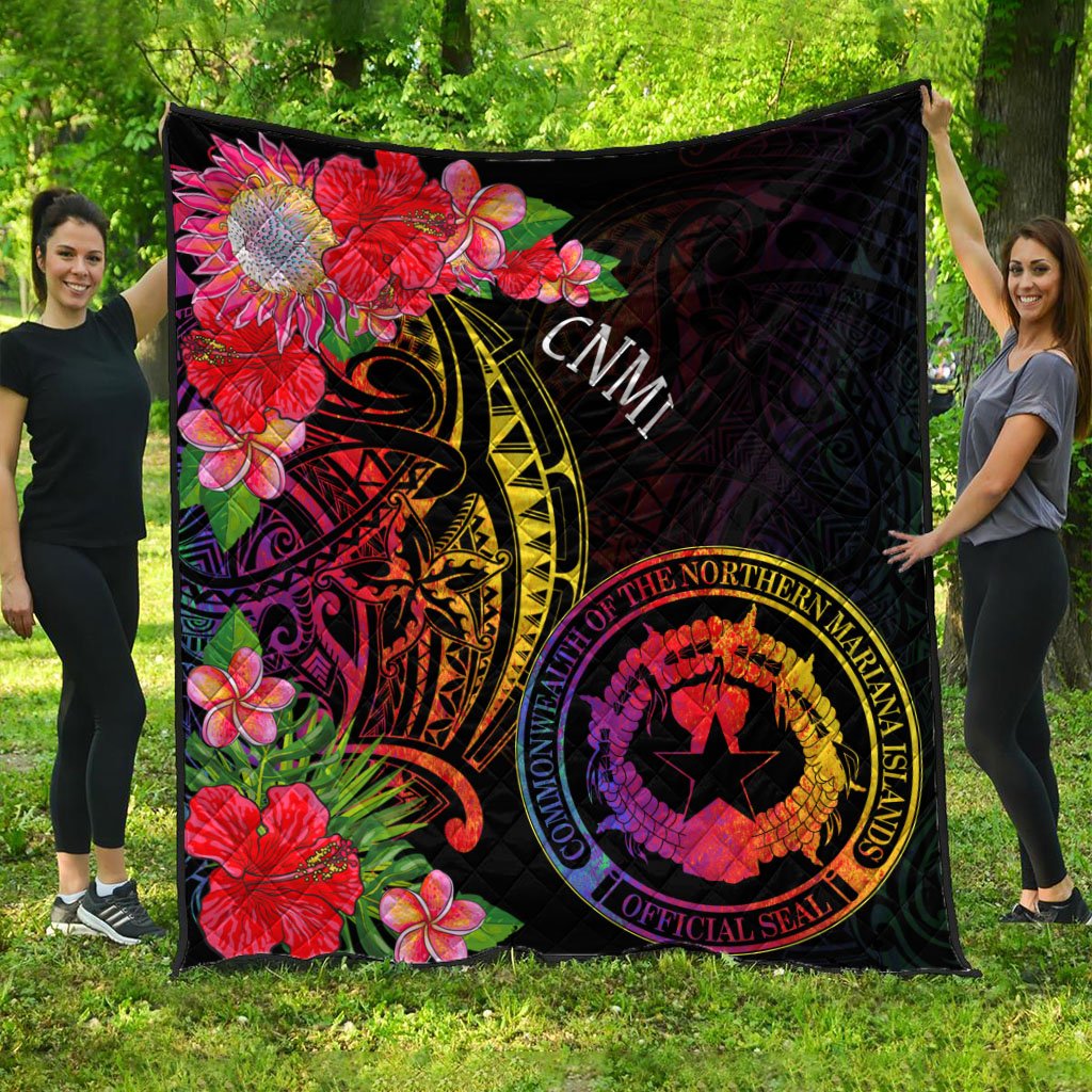 Northern Mariana Islands Premium Quilt - Tropical Hippie Style Black - Polynesian Pride