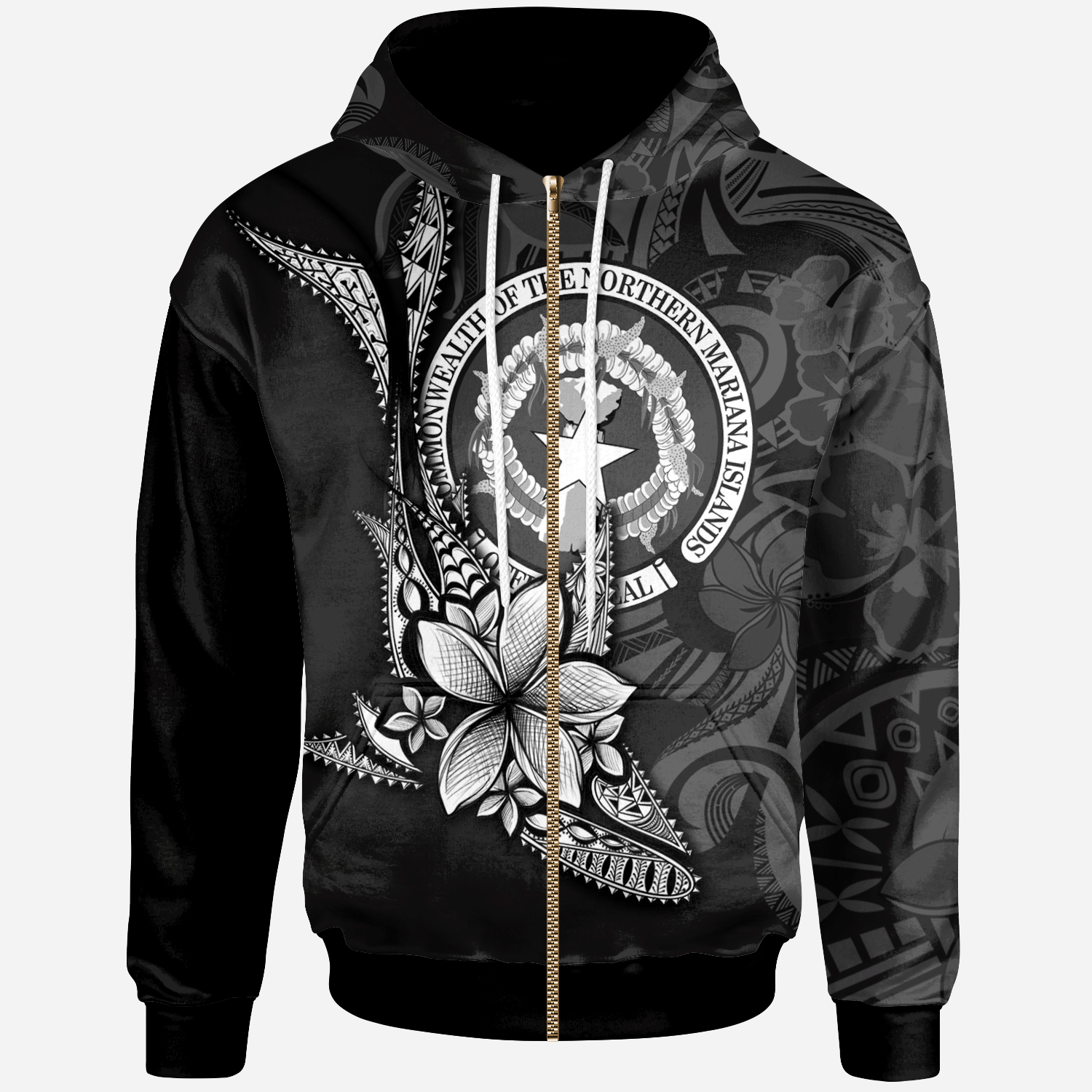 Northern Mariana Islands Custom Zip Hoodie Fish With Plumeria Flowers Style Unisex Black - Polynesian Pride