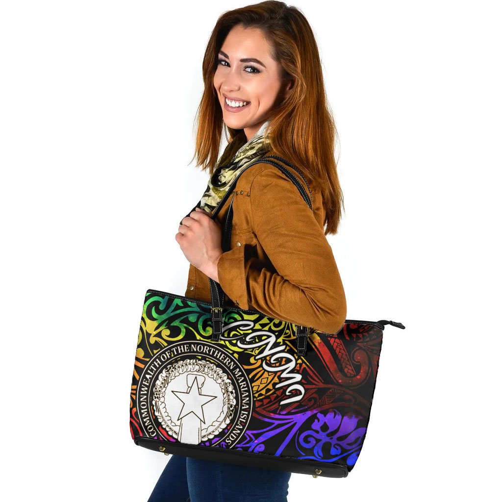 Northern Mariana Islands Large Leather Tote Bag - Rainbow Polynesian Pattern - Polynesian Pride