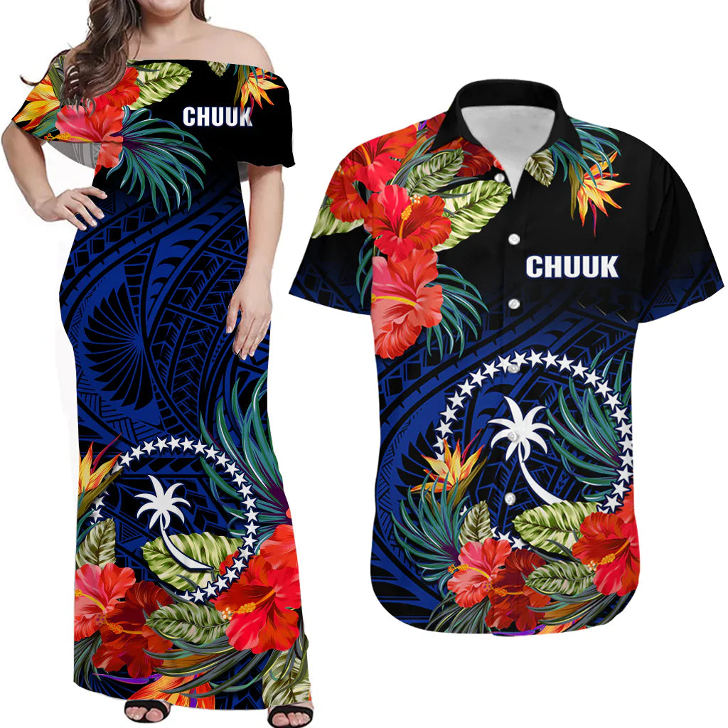 Custom Chuuk Micronesia Matching Hawaiian Shirt and Dress Hibiscus Flowers Mix Polynesian LT14 Blue - Polynesian Pride